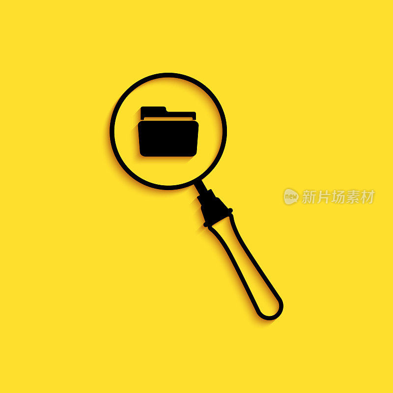 Black Search concept with folder icon isolated on yellow background. Magnifying glass and document. Data and information sign. Long shadow style. Vector